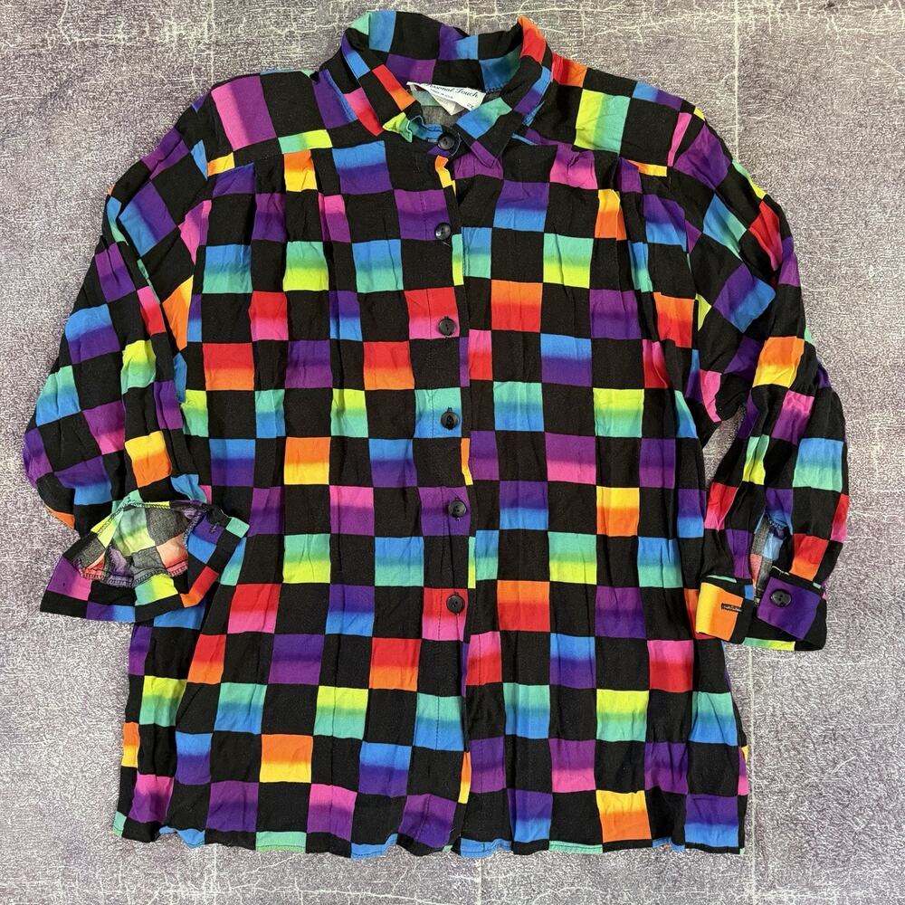 Women's Vintage 90's A Personal Touch Abstract Rayon Rainbow Polo Shirt Sz XL